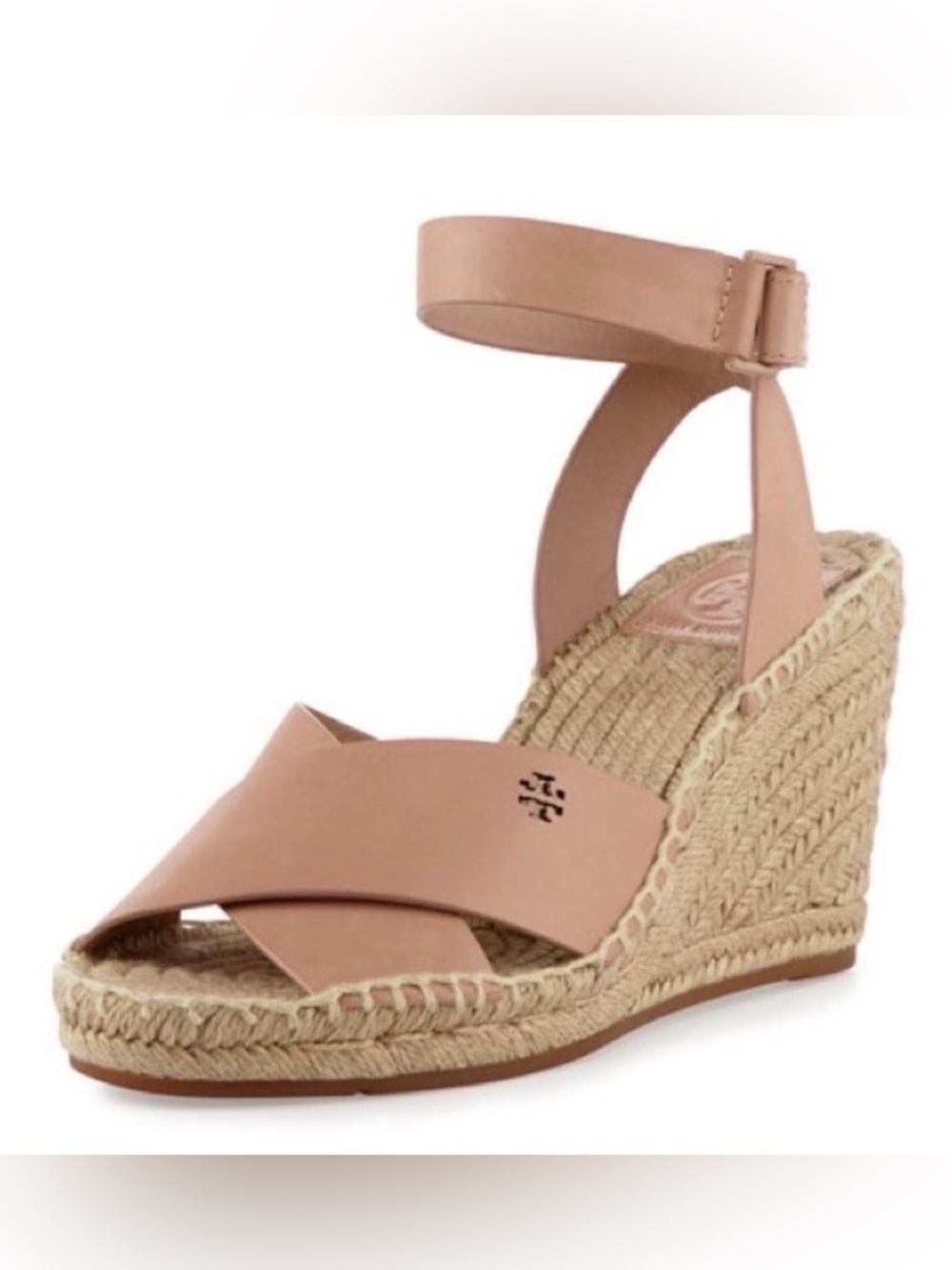 New Without TB. Tory Burch Nude/Taupe Blush Leather Ankle-Strap Espadrille Wedge